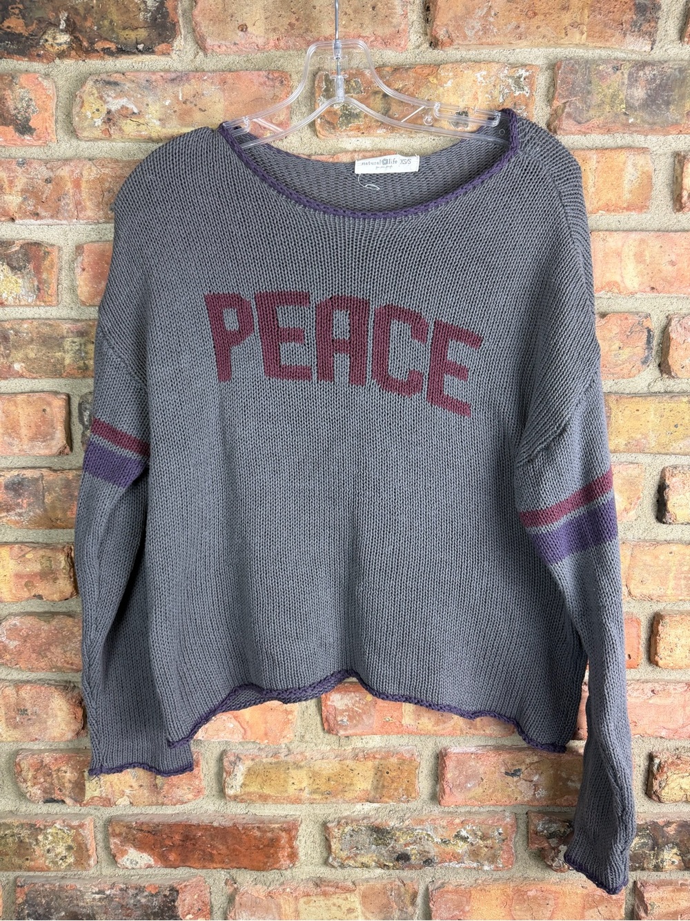 Natural Life Peace Sweater Women XS/S Gray Pullover Boxy Slouchy Boho